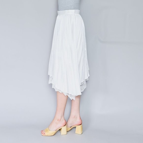 CALVIN LUO Lace Hem White Satin Pleated Skirt NWT L - Picture 6 of 7